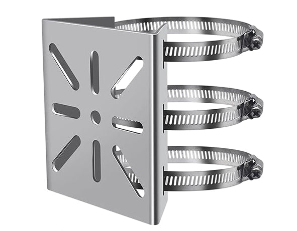 A silver metal wall mount bracket with three adjustable spiral bands, shown with mounting hardware including screws, washers, and nuts on a plain white background.