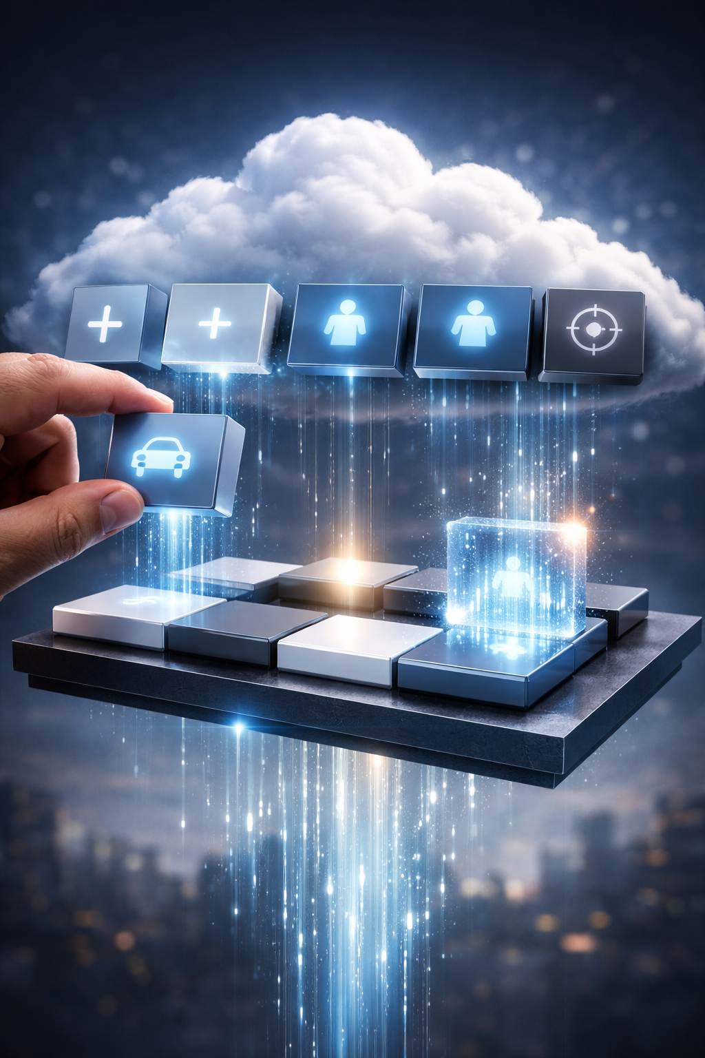 Hand interacting with a futuristic interface on a digital platform with a cloud in the background.