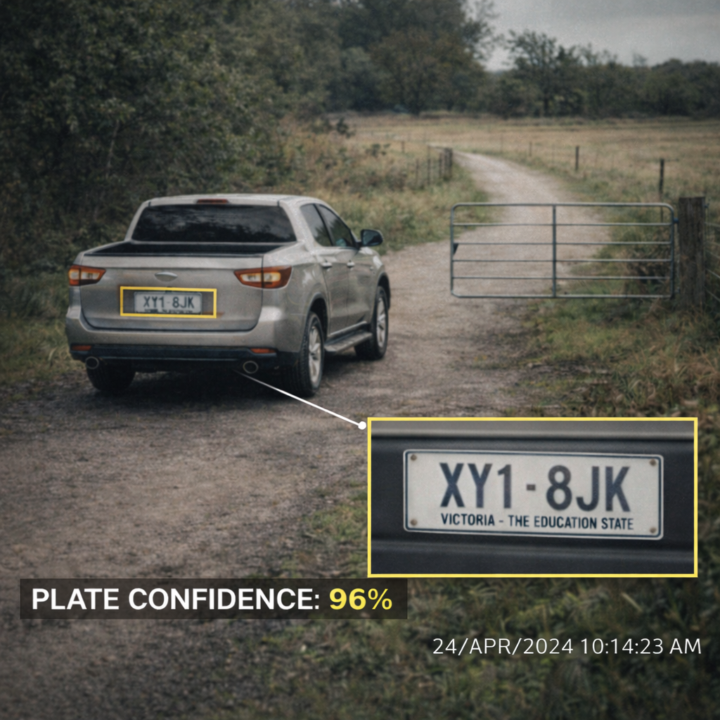 Car on a rural road with a highlighted license plate and confidence score - enhanced image of license plate from surveillance camera