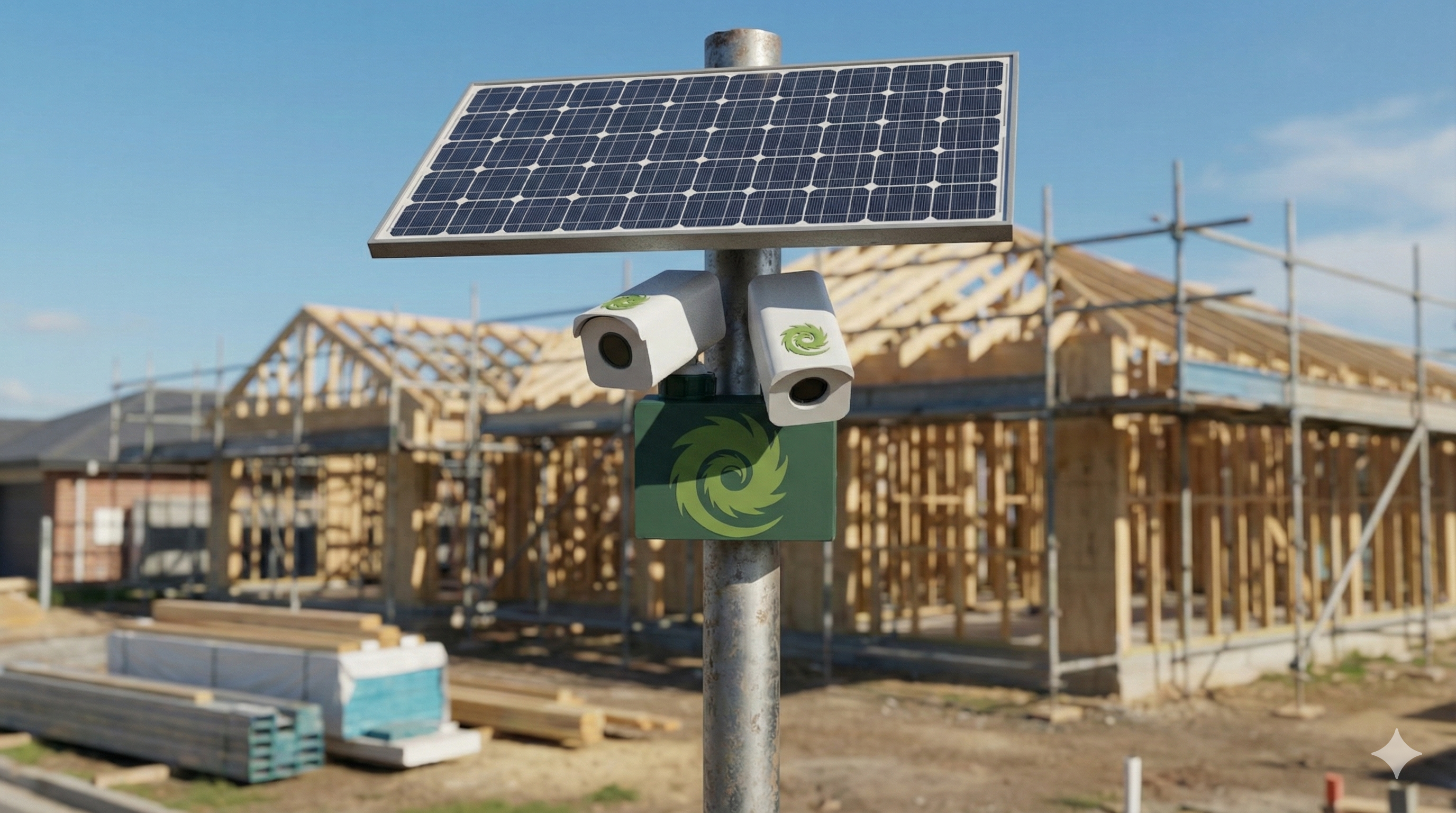 Solar panel with Echidna Cams surveillance cameras on a pole in front of a construction site.