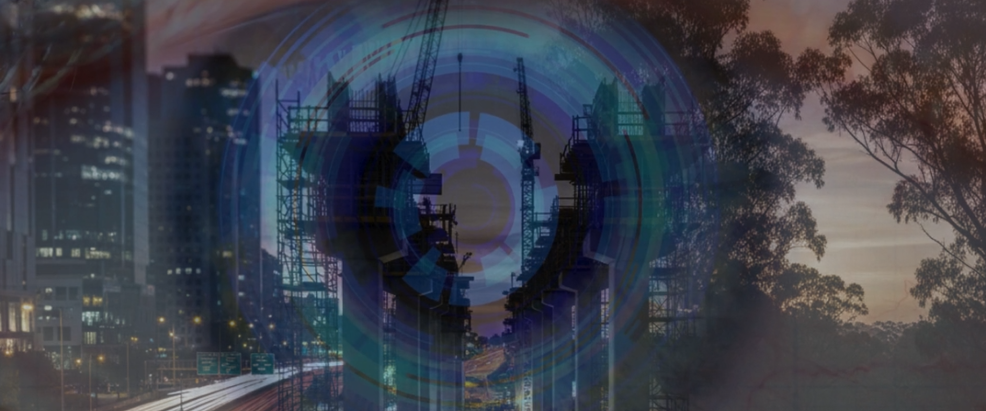 Futuristic cityscape with advanced architecture, natural elements and a camera focus overlayed