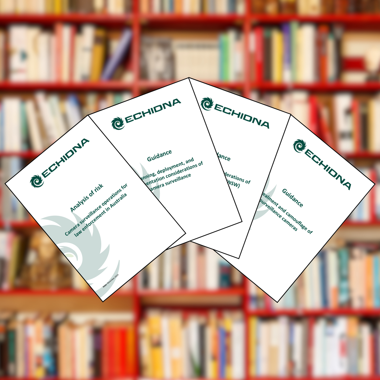 Four ECHIDNA documents on a bookshelf background