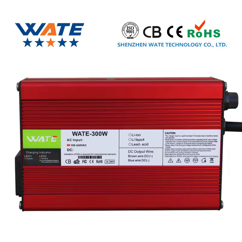 A red WATE 3000W power supply unit with a ribbed metal casing, a white product label, and a black terminal connector on the right side, shown on a white background with certification logos at the top.