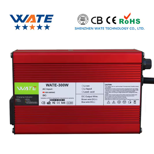 A red WATE 3000W power supply unit with a ribbed metal casing, a white product label, and a black terminal connector on the right side, shown on a white background with certification logos at the top.