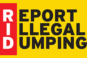 Yellow background with black text 'Report Illegal Lumping' and a red and white logo on the left.